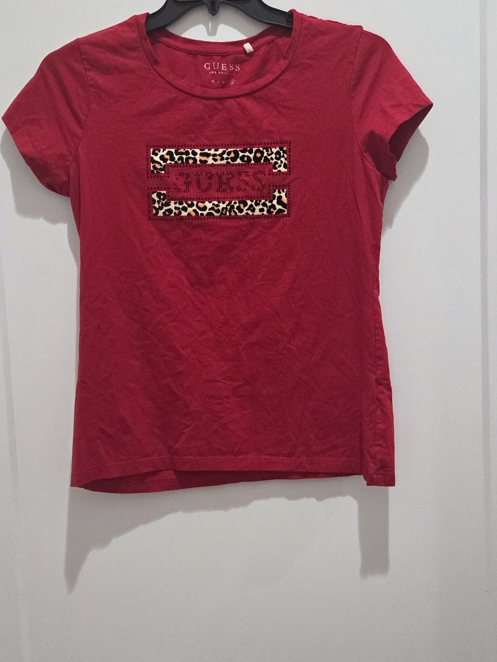 GUESS Red Short-Sleeve Tee with Leopard Logo Panel